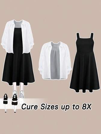 SHEIN CURVE+ 2件套大码休闲百搭衬衫和连衣裙套装