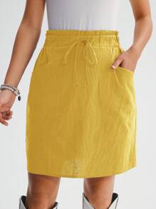 SHEIN LUNE Women's Solid Color Frill Hem Tie Waist Pocket Short Casual Skirt