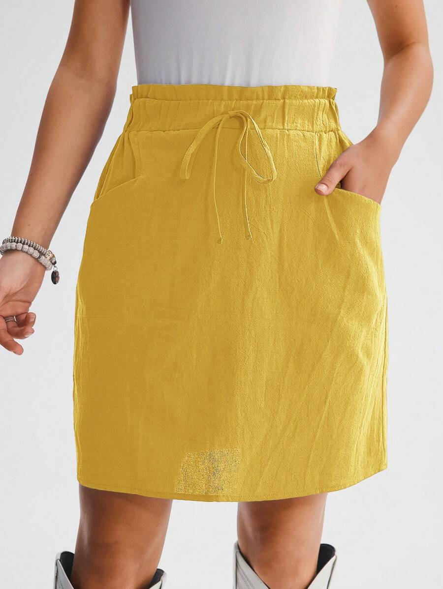SHEIN LUNE Women's Solid Color Frill Hem Tie Waist Pocket Short Casual Skirt