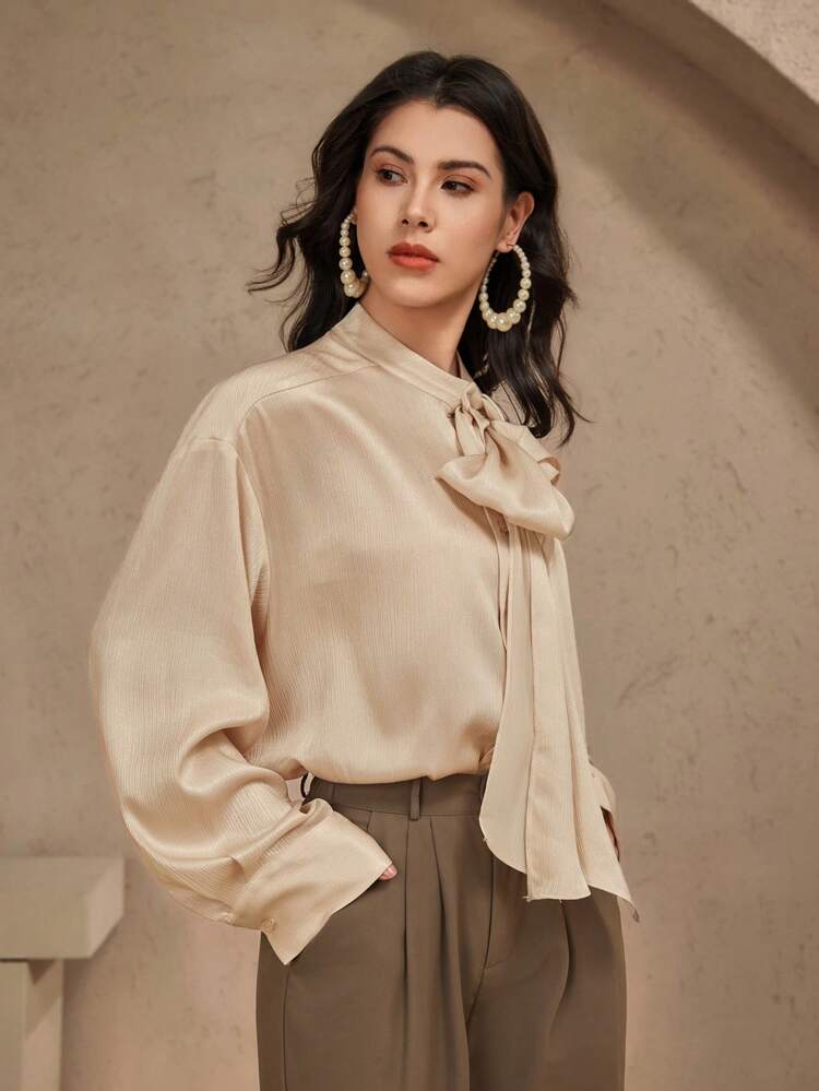 Women's Loose Solid Color Drape Collar Casual Elegant Summer Blouse Work Women Clothes Long Sleeve Top