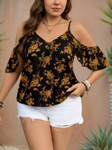 SHEIN LUNE Plus Size Vacation Casual Floral Print Open Shoulder Camisole
