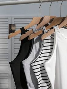 SHEIN EZwear 4 件套女式休闲条纹樱桃蝴蝶结图案印花修身背心，百搭性感，适合夏季度假和海滩穿着 - 彩色 - 查看 4