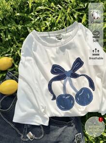 SHEIN EZwear Oversized Casual Minimalist Denim Bow & Cherry Graphic Round Neck Short Sleeve Women Cotton T-Shirt - White - View 7