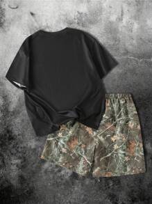 2 Stücke Tween Junge Lässige vielseitige bequeme bedruckte Muster Lose kurzärmliges T-Shirt und bedruckte Shorts Strick Outfit Set - Schwarz - Übersicht 2