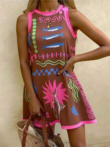 Travachic Knitted Floral Print Sleeveless Loose Mini Dress For Women,Suitable For Spring & Summer Vacation - Multicolor - View 4