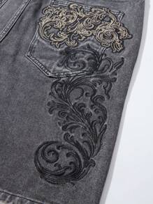 ROMWE MEN Goth Men's Distressed Vintage Cross Embroidery Denim Jeans - Grey - View 3