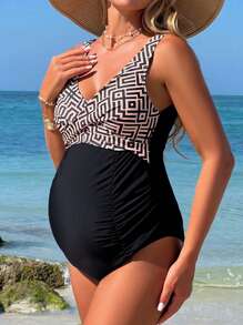 SHEIN Maternity Geometric Print One-Piece Swimsuit For Summer Beach Vacation - Multicolor - View 1