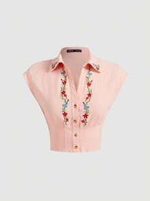 SHEIN MOD 复古刺绣修身短袖女式衬衫花卉图案可爱休闲夏季女式上衣