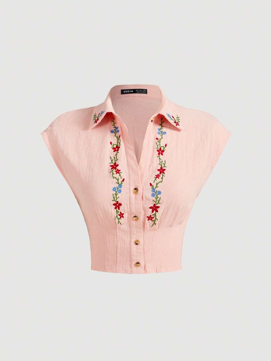 SHEIN MOD 复古刺绣修身短袖女式衬衫花卉图案可爱休闲夏季女式上衣