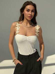 Aloruh Women's White Sleeveless Bodysuit With Delicate Floral Applique Straps And Ruched Bust Detail For A Casual Chic Look - White - View 6