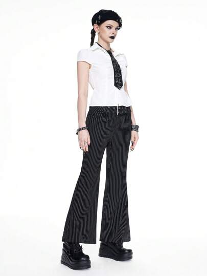 Goth Pantalon évasé à taille basse avec fines rayures, style scolaire vintage gothique