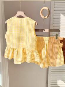 Comfortcana Summer Yellow Plaid Front Tie Bow Top And Shorts Set - Yellow - View 2