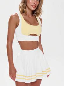 Musera Sport 褶皱侧边撞色拼接短款上衣，活力健身，健身房，黄色，板网球，壁球，泡菜球，健身房