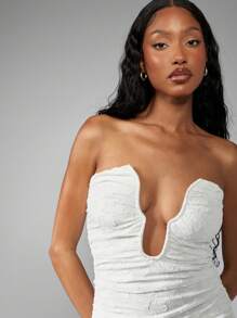 MISSGUIDED Strapless Ruched Mini Party Dress Plunge V Wire Detail Textured Jacquard Bodycon Club Wedding Guest Reception Honeymoon Bachelorette - White - View 4