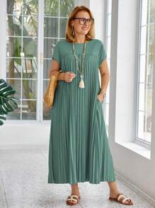 Đầm Maxi Dài Rộng Cho Nữ Mùa Hè Màu Trơn Cổ Tròn Tay Ngắn Có Túi Xếp Ly, Dáng Rộng, Mặc Vào Dịp Giáng Sinh, Trang Phục Cho Nữ - màu xanh lá - Xem 4