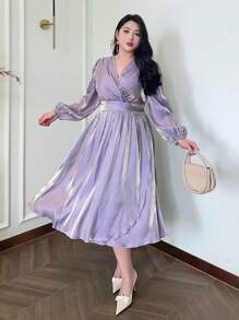 Dazy Plus Plus Size Long Purple V-Neck Lantern Sleeve Shiny Waist Fit Formal Dress, Spring/Fall, Dress For Wedding Long Sleeve Dress Prom Dress Elegant Women Dresses - Purple - View 8