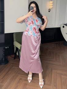 Dazy Plus 2pcs Floral Print Short Sleeve Top And Solid Color Skirt Elegant Summer Travel Outfit - Dusty Pink - View 7