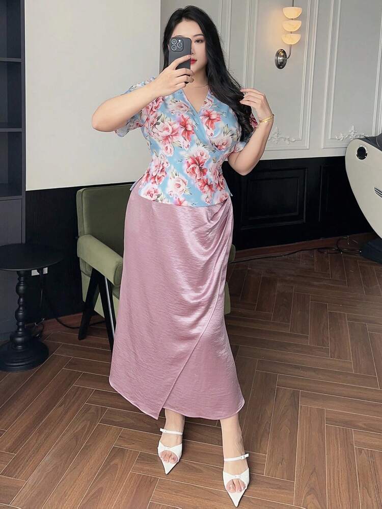 Dazy Plus 2pcs Floral Print Short Sleeve Top And Solid Color Skirt Elegant Summer Travel Outfit