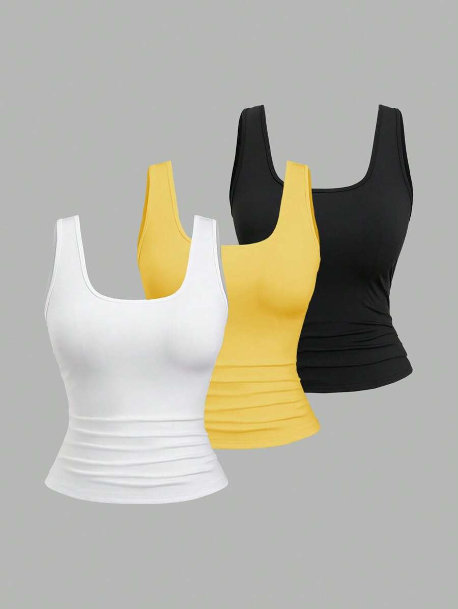 Flirla Áo ba lỗ cổ vuông xếp ly thường ngày cỡ lớn cho nữ, mùa hè - Nhiều màu - Xem 1