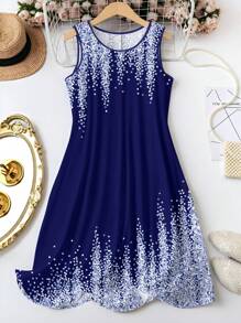 SHEIN LUNE 大码女式夏季闪亮印花圆领吊带背心连衣裙