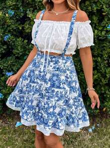 SHEIN VCAY 2 Stücke Große Größen Sommer Lässig Blumenstickerei Off-Shoulder Crop Top und Allover Muster Träger Rock Set Off-Shoulder Top Brunch Outfits für Frauen Urlaub Zweiteiler Set Stickerei Romantischer Zweiteiler Set Frauen Rock - Blau-Weiß - Übersicht 6