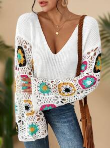 Travachic Floral Pattern Drop Shoulder Pointelle Knit Sweater - White - View 2