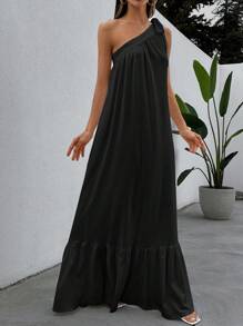 EURMUSE One Shoulder Tie Knot Peplum Maxi Dress - Black - View 5