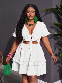 Slaydiva Plus Size Women's White Mini Dress,Summer Holiday Party Wedding Guest Holiday, Vacation Fitted A-Line Ruffled Chest Tie Knot Details - White - View 9