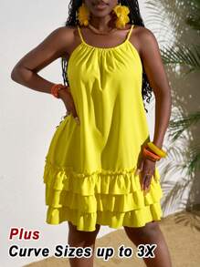 Slaydiva Plus Size Mustard Yellow Tiered Sundress: Casual Woven Spaghetti Strap Mini Dress For Summer - Mustard Yellow - View 2