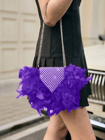 SHECARRY Fashion Elegant Rhinestone Women's Formal Evening Shoulder Bag, Artificial Feathers Valentines