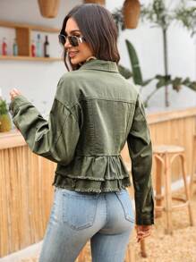 SHEIN Holidaya Solid Color Frayed Edge Button Front Casual Long Sleeve Denim Jacket - Army Green - View 2