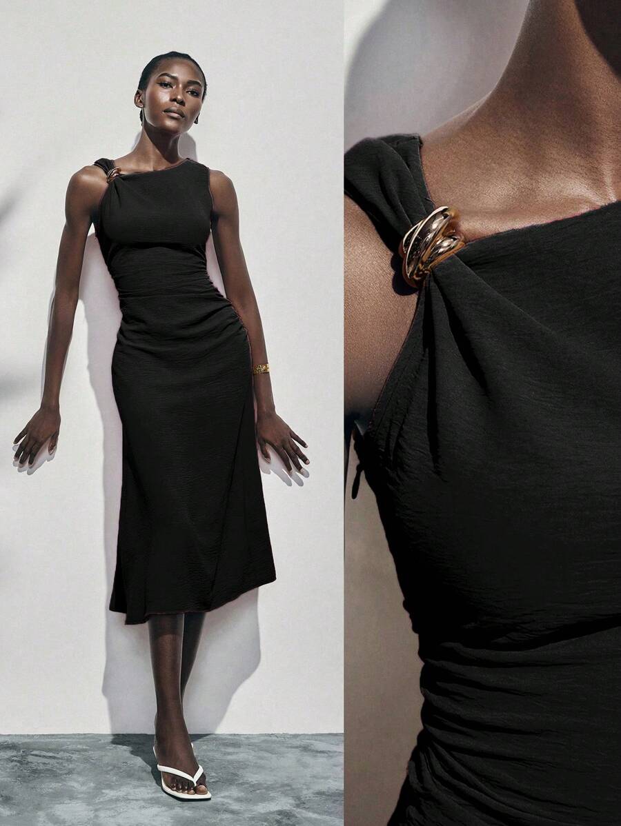 Lumivelle Vestido sin mangas con detalle de anillo metálico y fruncido en la cintura, vestido de verano - Negro - Ver 1