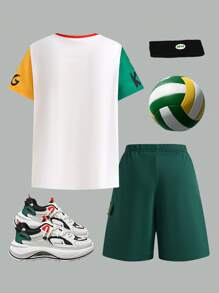 SHEIN 2 Packs Tween Boy Casual Sports College White T-Shirt And Green Shorts Set With Graffiti Multi-Color Stitching Suitable For Kids Outfits Toddler Boy Clothes Back To School Boys Set Suitable For Birthday Parties, Evening Parties, Performances, Weddings, Baptisms, Opening Ceremonies Daily Suitable For Daily Use Suitable For School Suitable For Travel Suitable For Sports Suitable For Spring And Summer Seasons