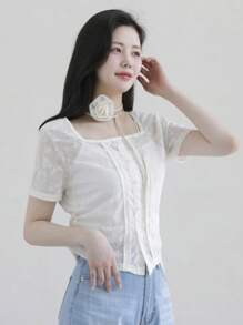 DAZY Square Neck Solid Color Contrast Lace White Short Sleeve Blouse For Women - White - View 6