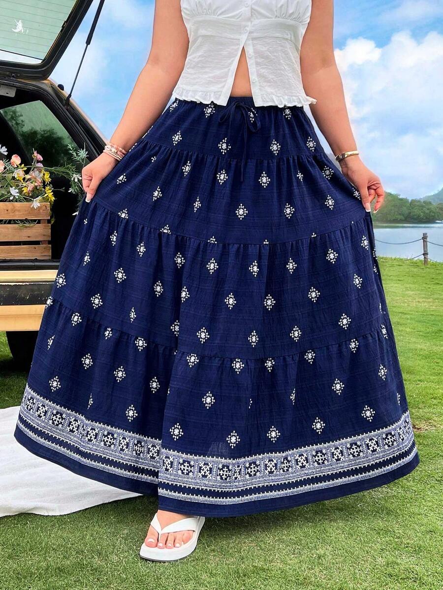 SHEIN EZwear 印花休闲宽松长裙，加大码，女生旅行，夏季，母亲节 - 彩色 - 查看 1