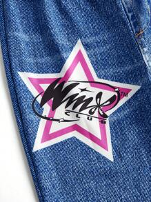 The Winx X SHEIN Tween Girls Cartoon Heroine Full Print Tank Top & Denim Effect Star Bell Bottom Pants Summer 2 Pieces Set