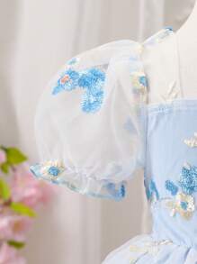 SHEIN Glamorique Kids 女婴 0-3 岁优雅公主花卉网眼泡泡袖粉色连衣裙，春夏 - 藍色 - 查看 6
