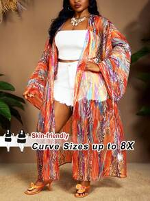 SHEIN CURVE+ Plus Size Women's Sheer Drawstring Waist Blouse, Abstract Striped And Printed Pattern, Casual For Beach, Boho And Daily Wear, Summer, Curve Plus, Boho Vacation Beach For Woman, Beach Vacation ,Beach Essentials , Graduation, Tea Party - Multicolor - View 8