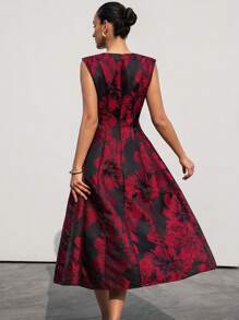 Aveloria Modichic 新款优雅精致的女士无袖 V 领低腰连衣裙，采用精致提花面料，适合约会和活动 - 彩色 - 查看 2