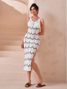 RueChic Sleeveless Chevron Patterned Knit Midi Dress In White And Black With Ribbed Texture And Slim Fit Design - Brown - View 5
