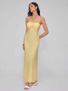Roylia Beige Strapless Woven Side Slit Invisible Zipper Elegant Dress