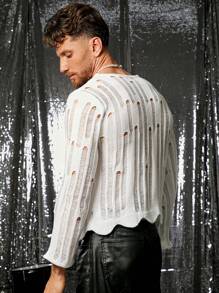 FeverCity Suéter de tejido con manga larga y estilo calado para hombres de la ciudad de la fiebre