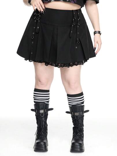 Goth Plus Size Metal Accessory Grid Ruffle Contrast Lace Mini Skirt