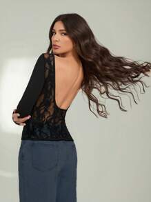 SHEIN Tall Backless Lace Stitching Backless Women's T-Shirt Top. Sexy Date Wear Suitable For Summer. - Black - View 4