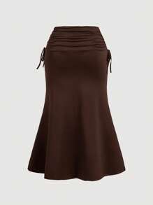 SHEIN MOD Chân váy midi chữ A cạp cao màu nâu cỡ lớn có dây rút bên hông, viền nhún, mùa hè - màu nâu - Xem 2