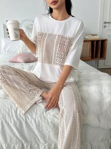SHEIN Farbblock Jacquard Damen Lässig Pyjama Set - Verschiedenfarbig - Übersicht 3