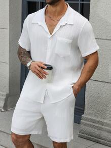 Manfinity Homme Men's Plus Size White Textured Short Sleeve Shirt And Shorts Set - White - View 6