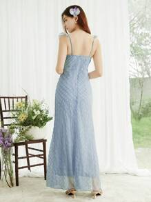 SHEIN LUNE Textured Plaid Ruffle Collar Fishtail Hem Elegant Dress For Women Graduation Dress - Blue - View 2