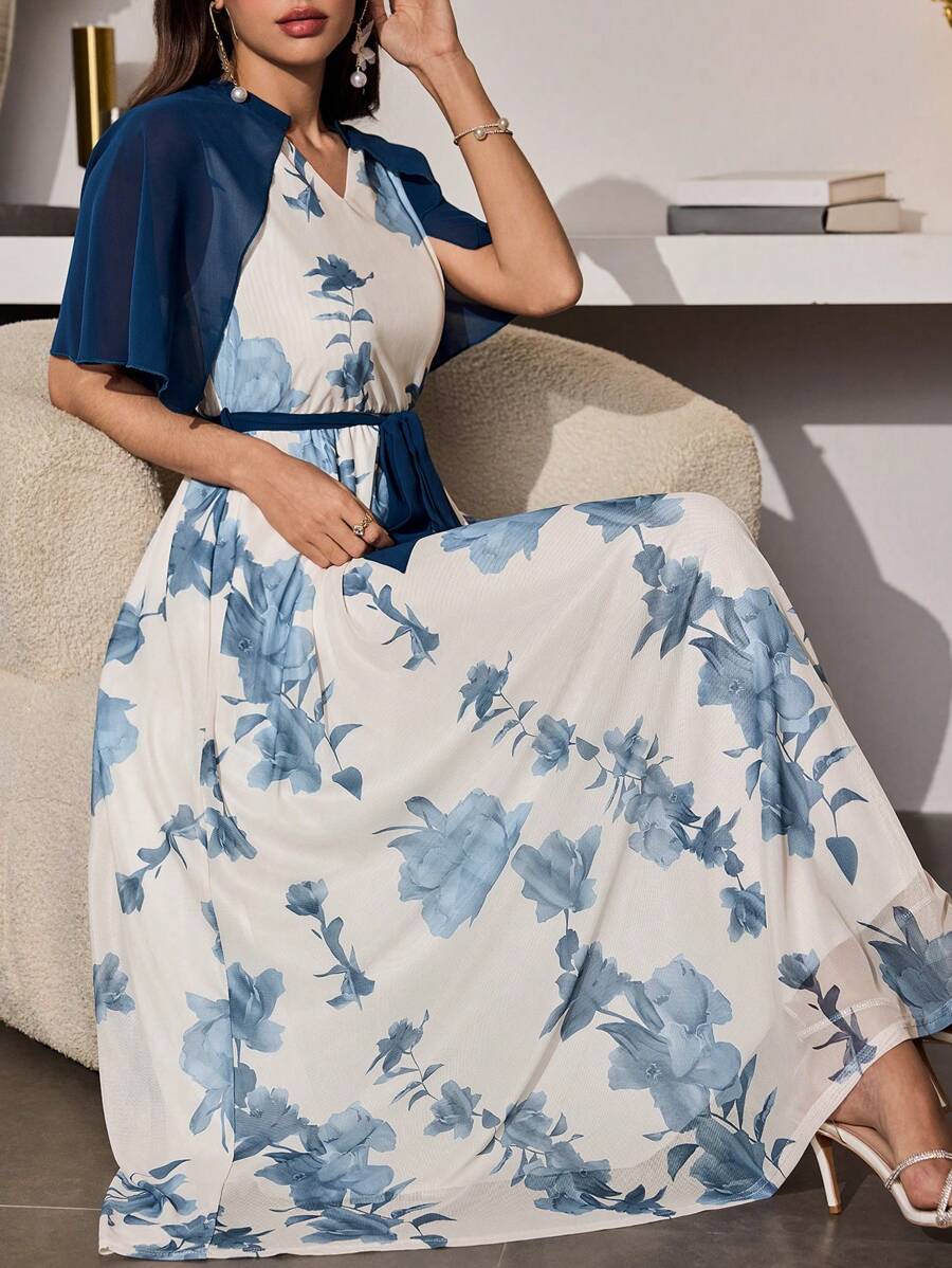 Modelyn Vestido elegante de manga larga con volantes y estampado floral romántico de malla para mujer, para primavera/verano