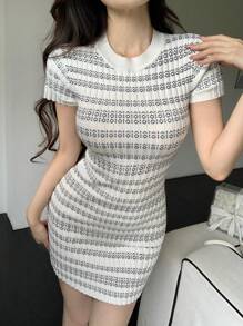 DAZY Fitted Sexy Rhombus Texture Mini Knit Dress Women Sweater Dresses Plaid - White - View 7